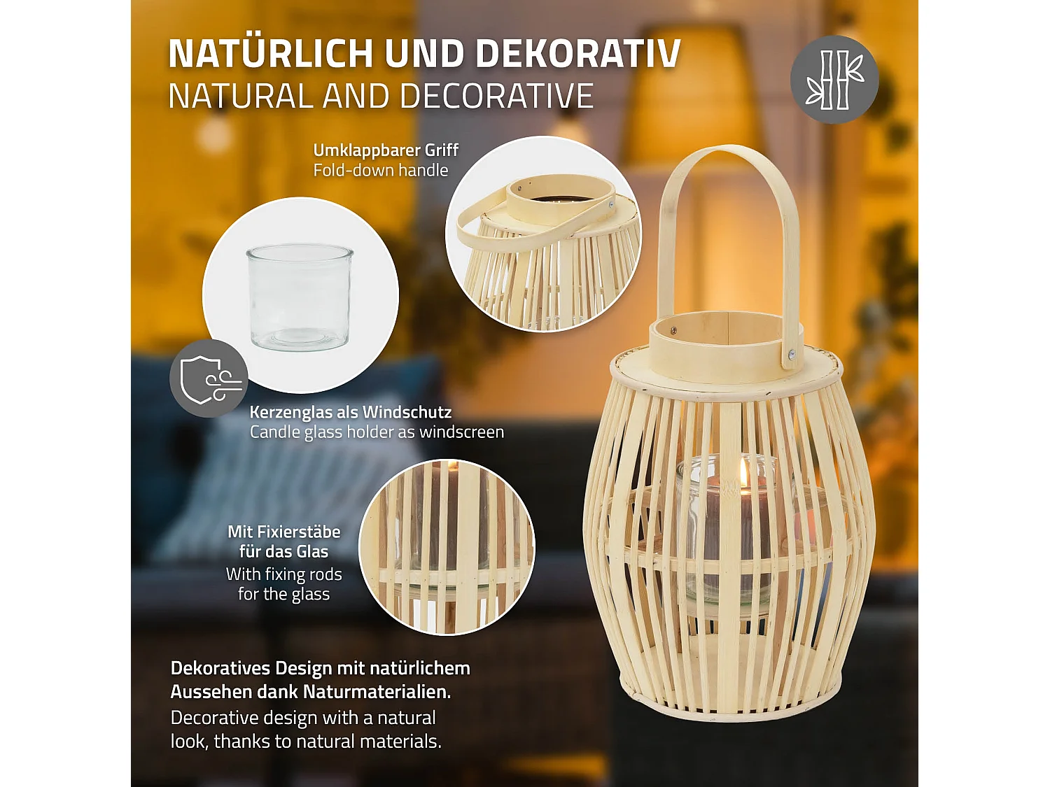Lanterne en bambou H 44 cm naturel avec poignée et insert en verre style bohème pour jardin salon porte-bougie tressé décoratif extérieur ou intérieur
