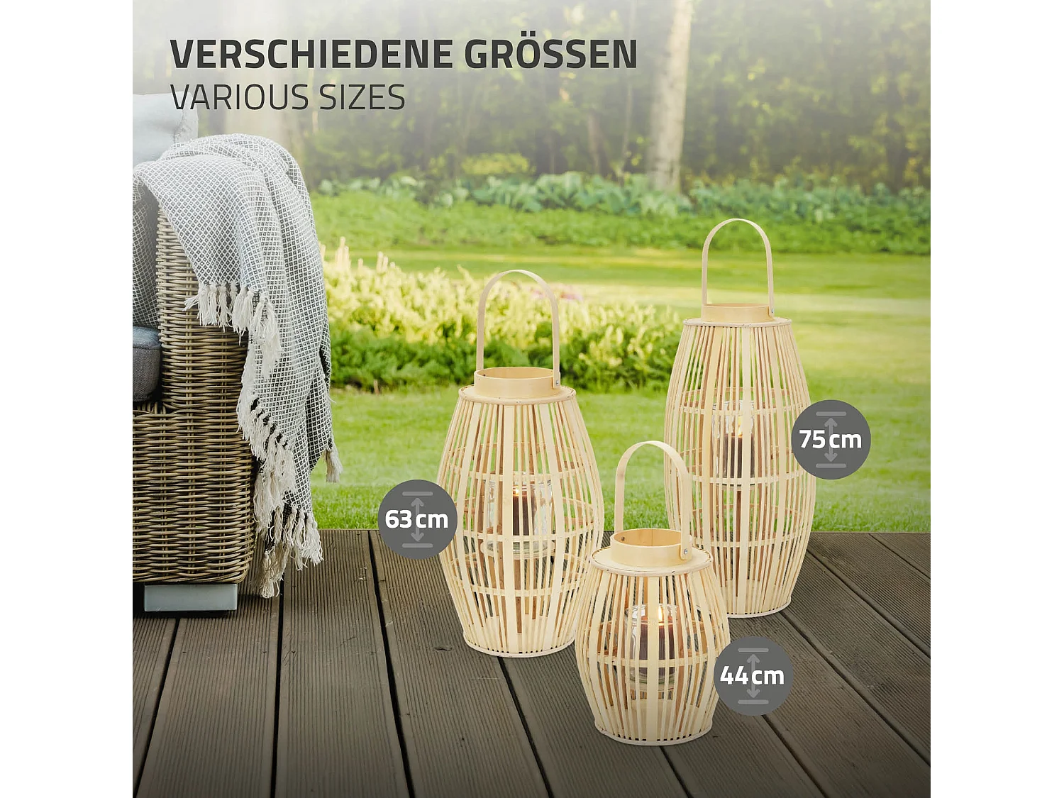 Lanterne en bambou H 44 cm naturel avec poignée et insert en verre style bohème pour jardin salon porte-bougie tressé décoratif extérieur ou intérieur