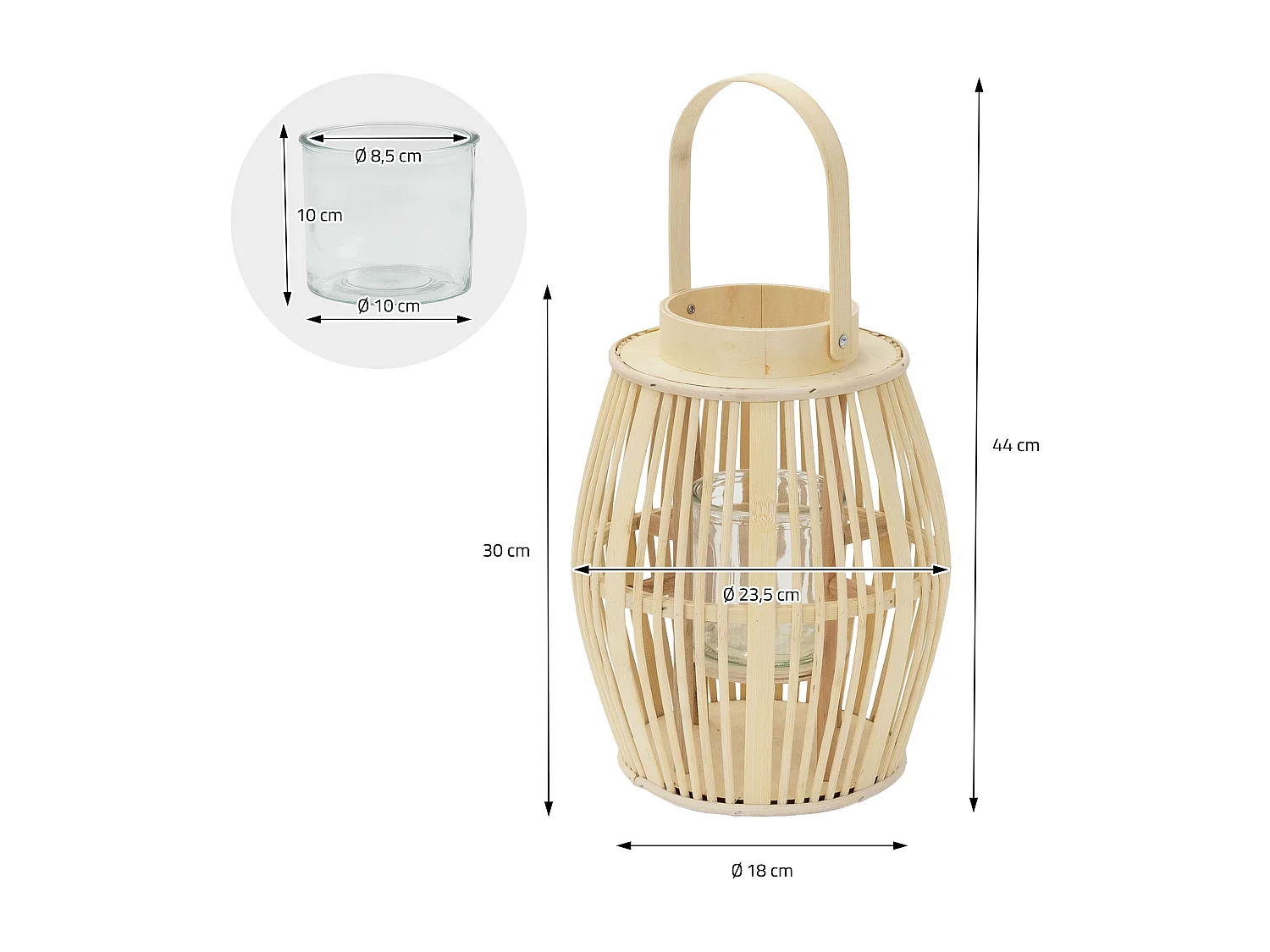 Lanterne en bambou H 44 cm naturel avec poignée et insert en verre style bohème pour jardin salon porte-bougie tressé décoratif extérieur ou intérieur
