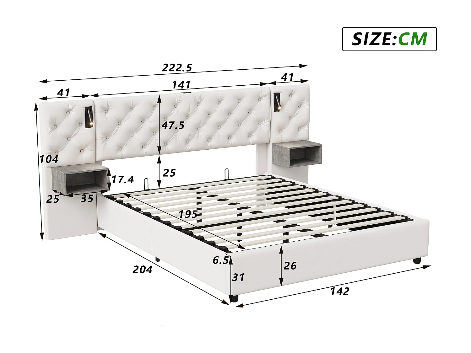 Lit coffre 140x200 cm avec LED intégré, 2 tables de chevet suspendues, Velours, beige