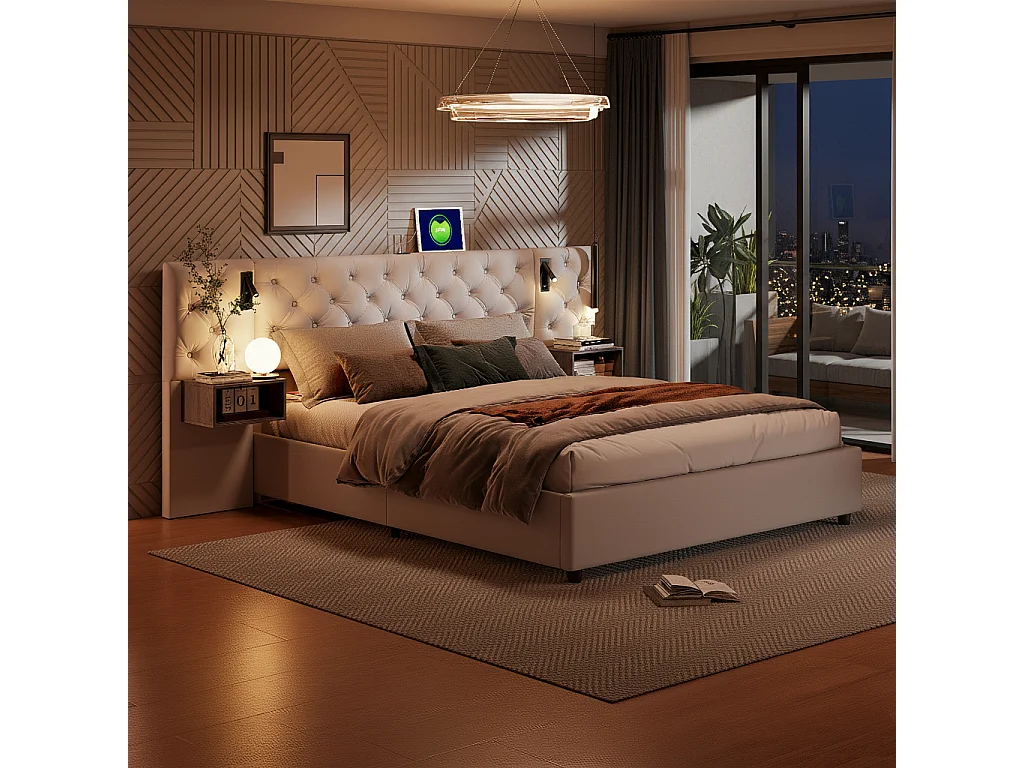 Lit coffre 140x200 cm avec LED intégré, 2 tables de chevet suspendues, Velours, beige