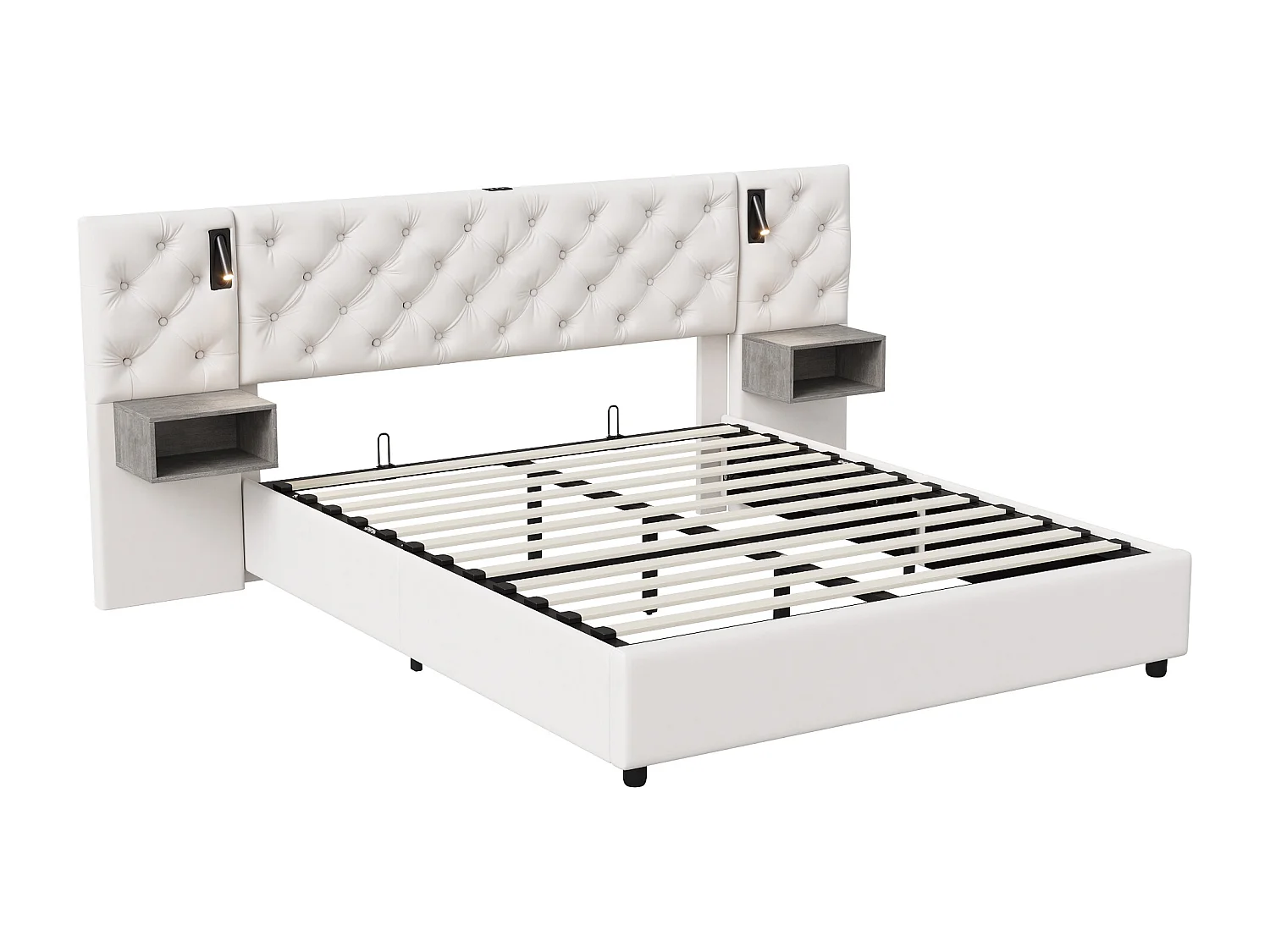 Lit coffre 140x200 cm avec LED intégré, 2 tables de chevet suspendues, Velours, beige