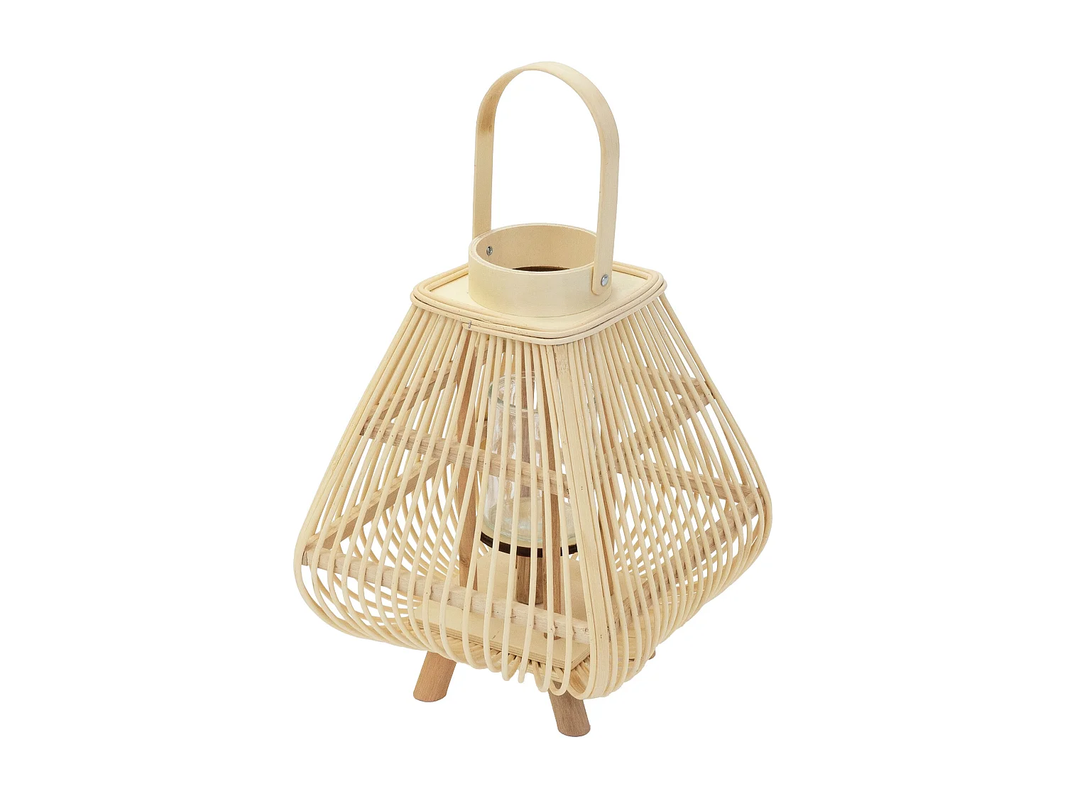 Lanterne en bambou 45.5 cm naturel avec poignée et insert en verre style bohème pour jardin salon porte-bougie tressé décoratif extérieur ou intérieur