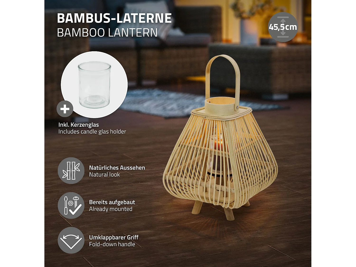 Lanterne en bambou 45.5 cm naturel avec poignée et insert en verre style bohème pour jardin salon porte-bougie tressé décoratif extérieur ou intérieur