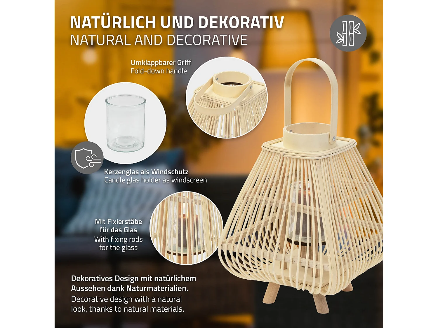 Lanterne en bambou 45.5 cm naturel avec poignée et insert en verre style bohème pour jardin salon porte-bougie tressé décoratif extérieur ou intérieur