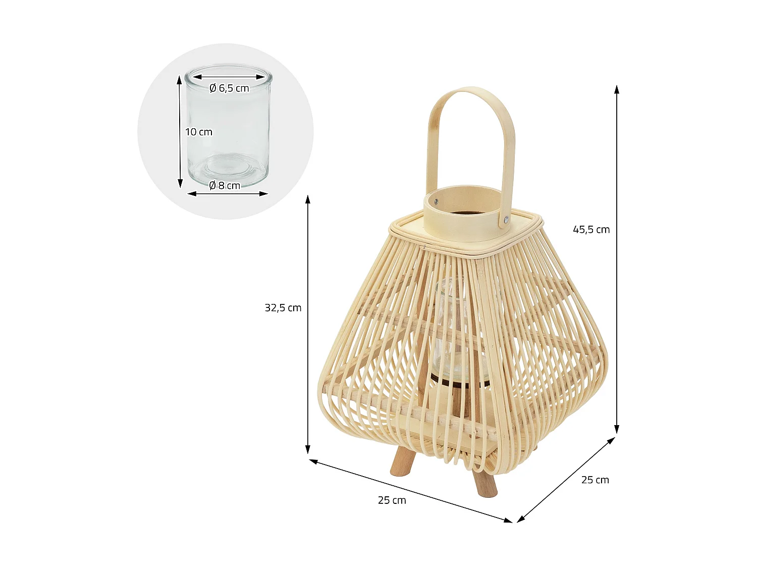 Lanterne en bambou 45.5 cm naturel avec poignée et insert en verre style bohème pour jardin salon porte-bougie tressé décoratif extérieur ou intérieur