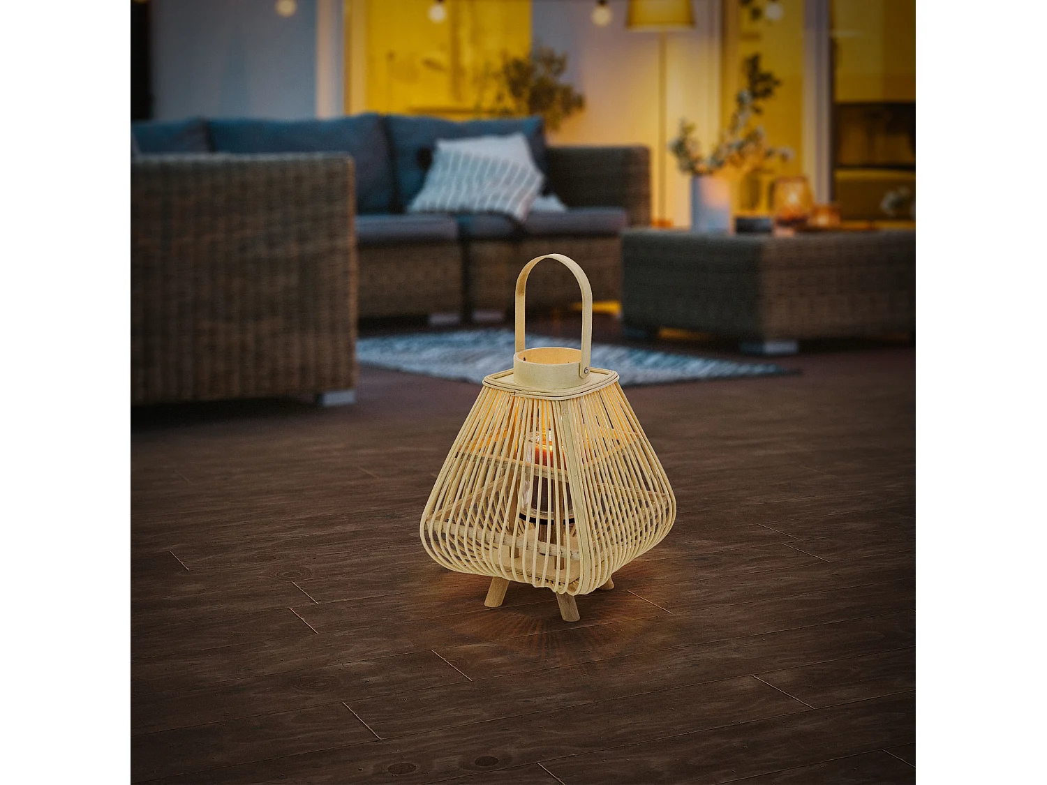 Lanterne en bambou 45.5 cm naturel avec poignée et insert en verre style bohème pour jardin salon porte-bougie tressé décoratif extérieur ou intérieur