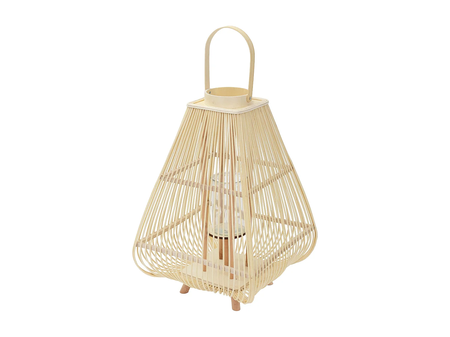 Lanterne en bambou 73.5 cm naturel avec poignée et insert en verre style bohème pour jardin salon porte-bougie tressé décoratif extérieur ou intérieur