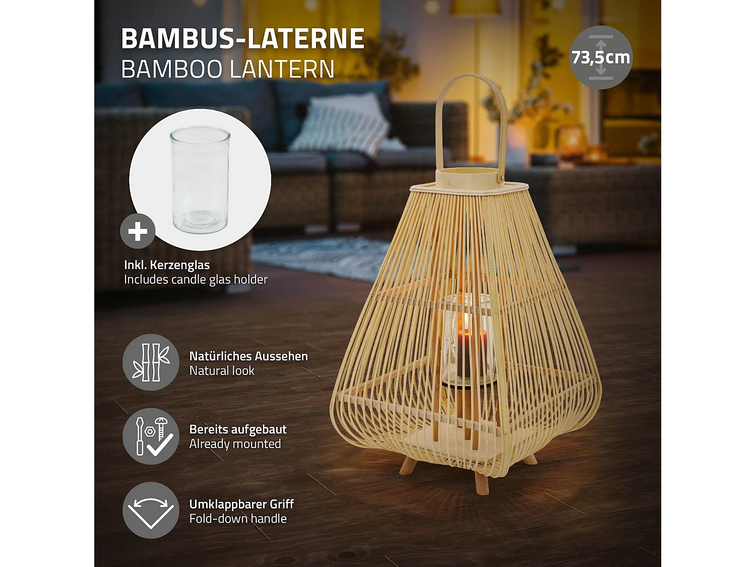 Lanterne en bambou 73.5 cm naturel avec poignée et insert en verre style bohème pour jardin salon porte-bougie tressé décoratif extérieur ou intérieur