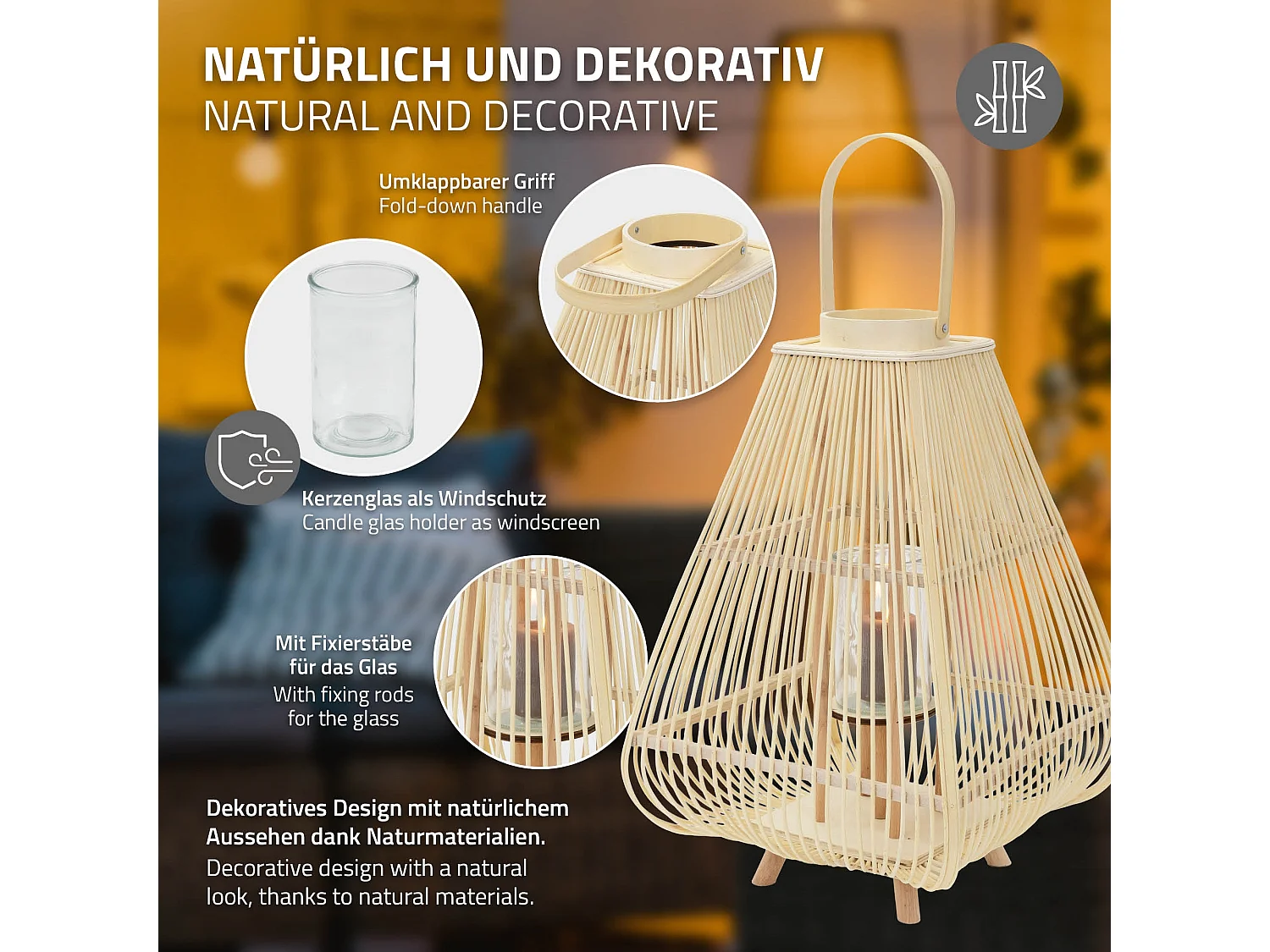 Lanterne en bambou 73.5 cm naturel avec poignée et insert en verre style bohème pour jardin salon porte-bougie tressé décoratif extérieur ou intérieur