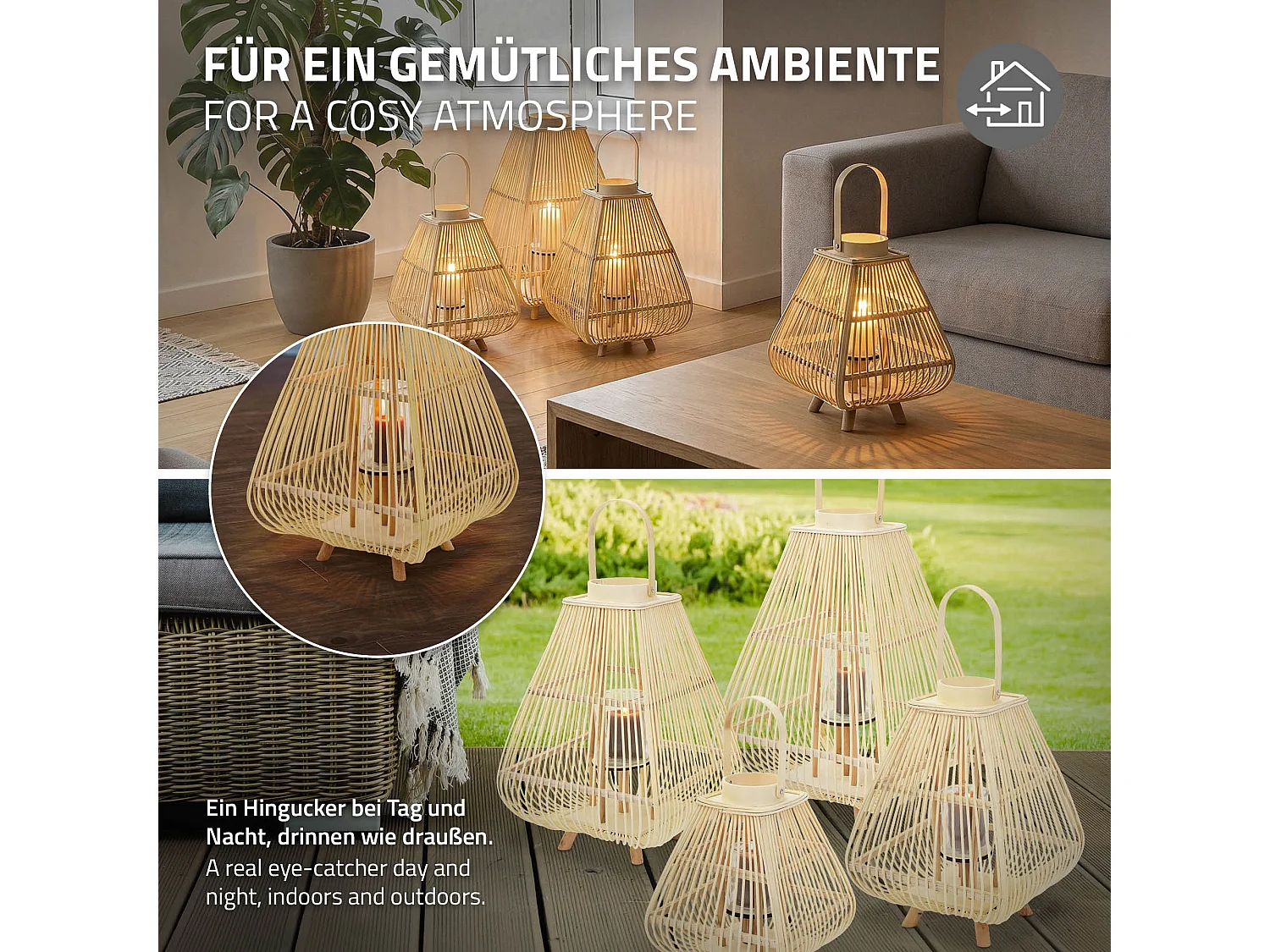 Lanterne en bambou 73.5 cm naturel avec poignée et insert en verre style bohème pour jardin salon porte-bougie tressé décoratif extérieur ou intérieur