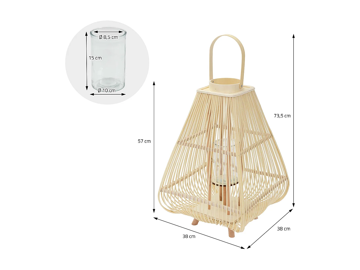 Lanterne en bambou 73.5 cm naturel avec poignée et insert en verre style bohème pour jardin salon porte-bougie tressé décoratif extérieur ou intérieur