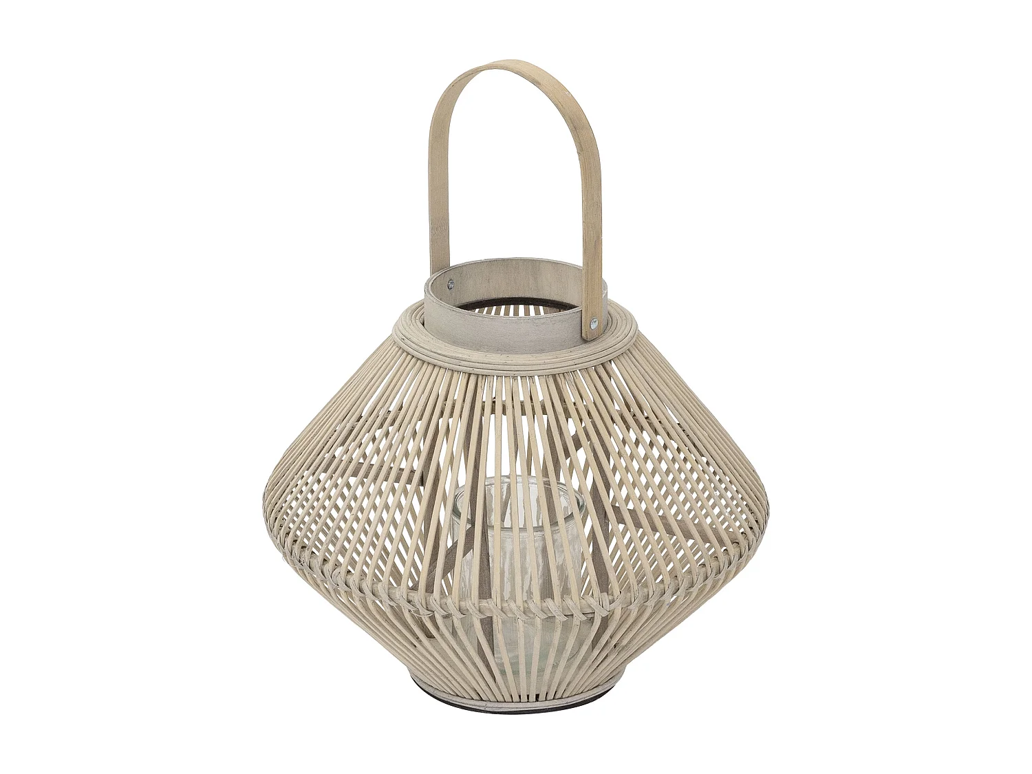 Lanterne en bambou 47 cm naturel avec poignée et insert en verre style bohème pour jardin salon porte-bougie tressé décoratif extérieur ou intérieur