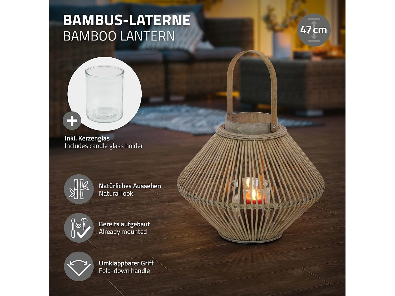 Lanterne en bambou 47 cm naturel avec poignée et insert en verre style bohème pour jardin salon porte-bougie tressé décoratif extérieur ou intérieur