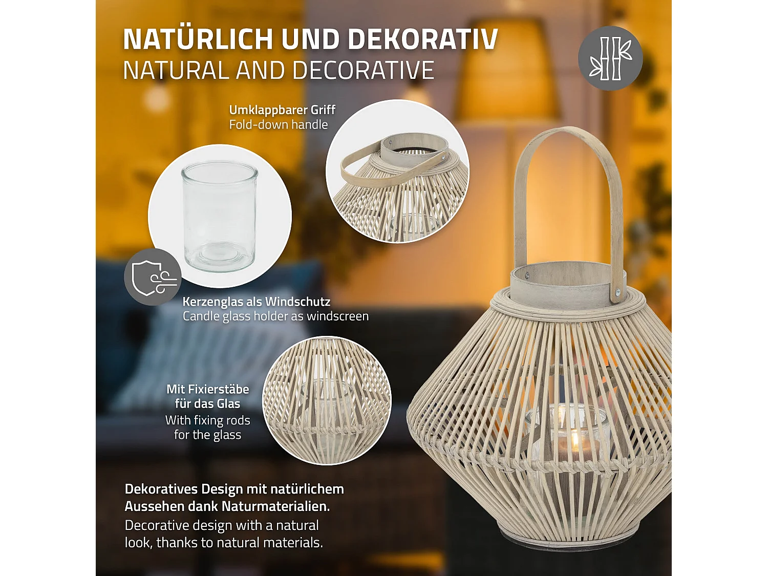 Lanterne en bambou 47 cm naturel avec poignée et insert en verre style bohème pour jardin salon porte-bougie tressé décoratif extérieur ou intérieur