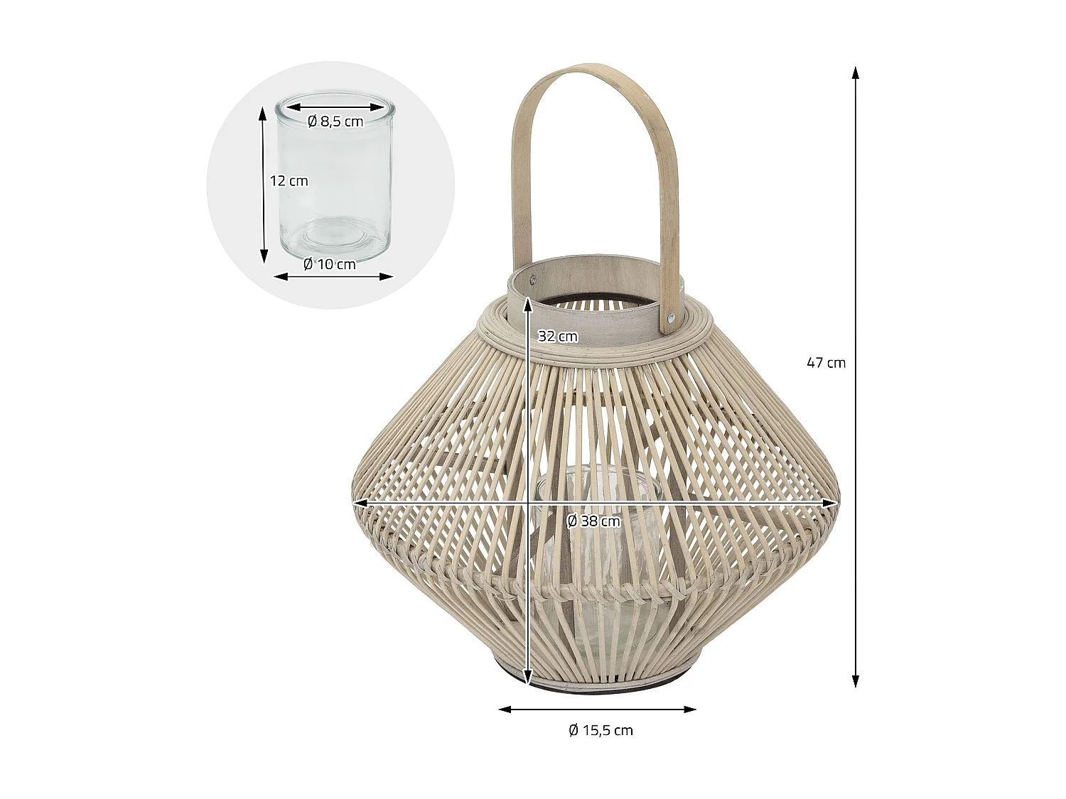 Lanterne en bambou 47 cm naturel avec poignée et insert en verre style bohème pour jardin salon porte-bougie tressé décoratif extérieur ou intérieur