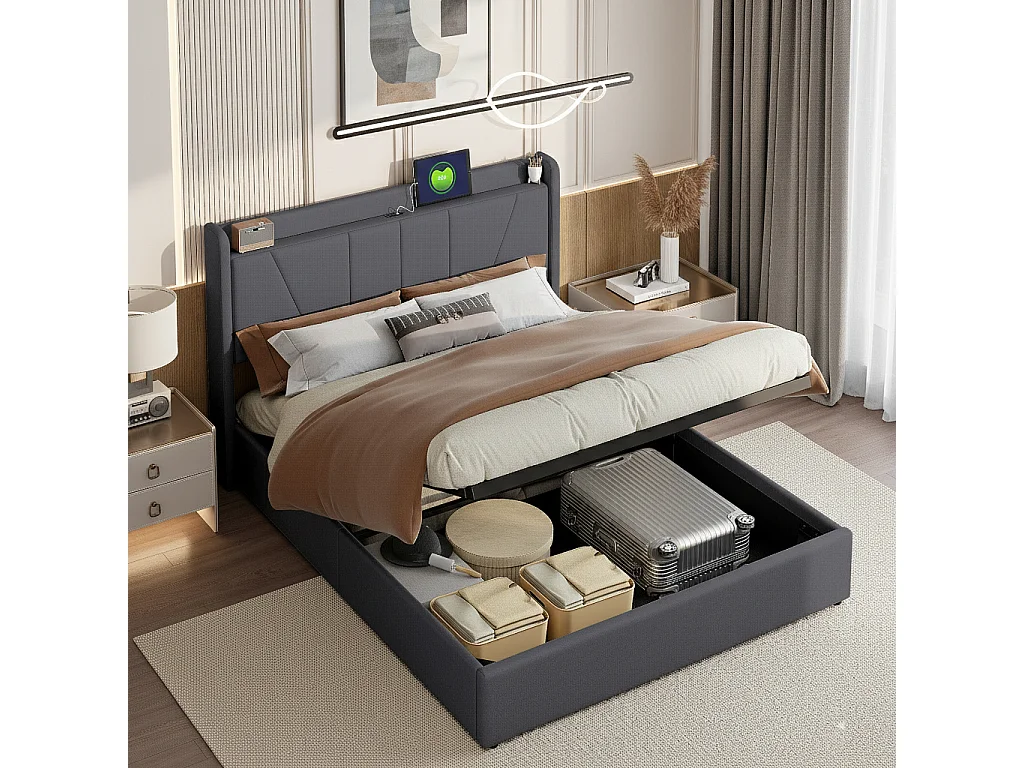 Lit coffre 160x200 cm avec étagère ouvertes et port USB, lin, gris