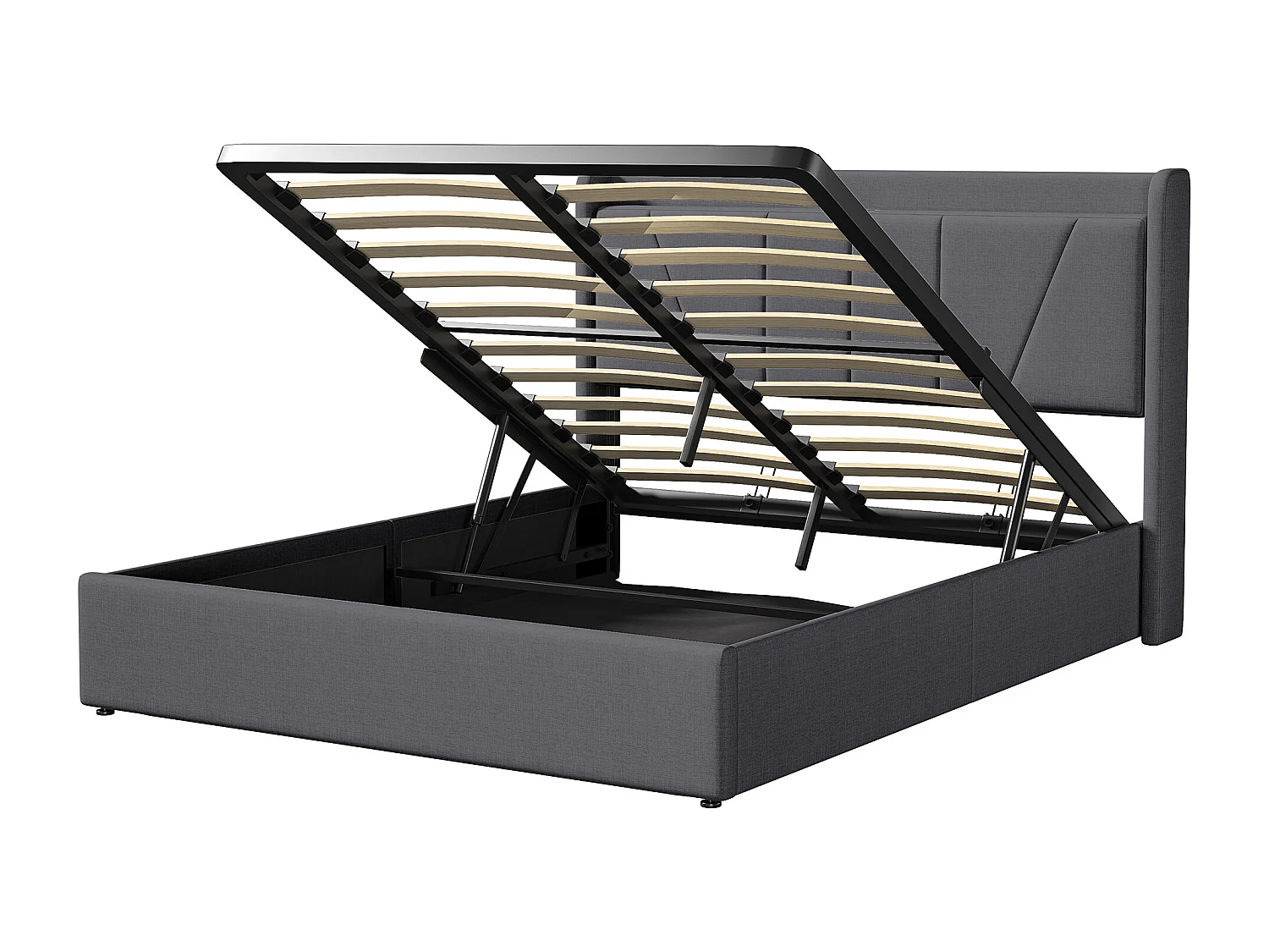 Lit coffre 160x200 cm avec étagère ouvertes et port USB, lin, gris