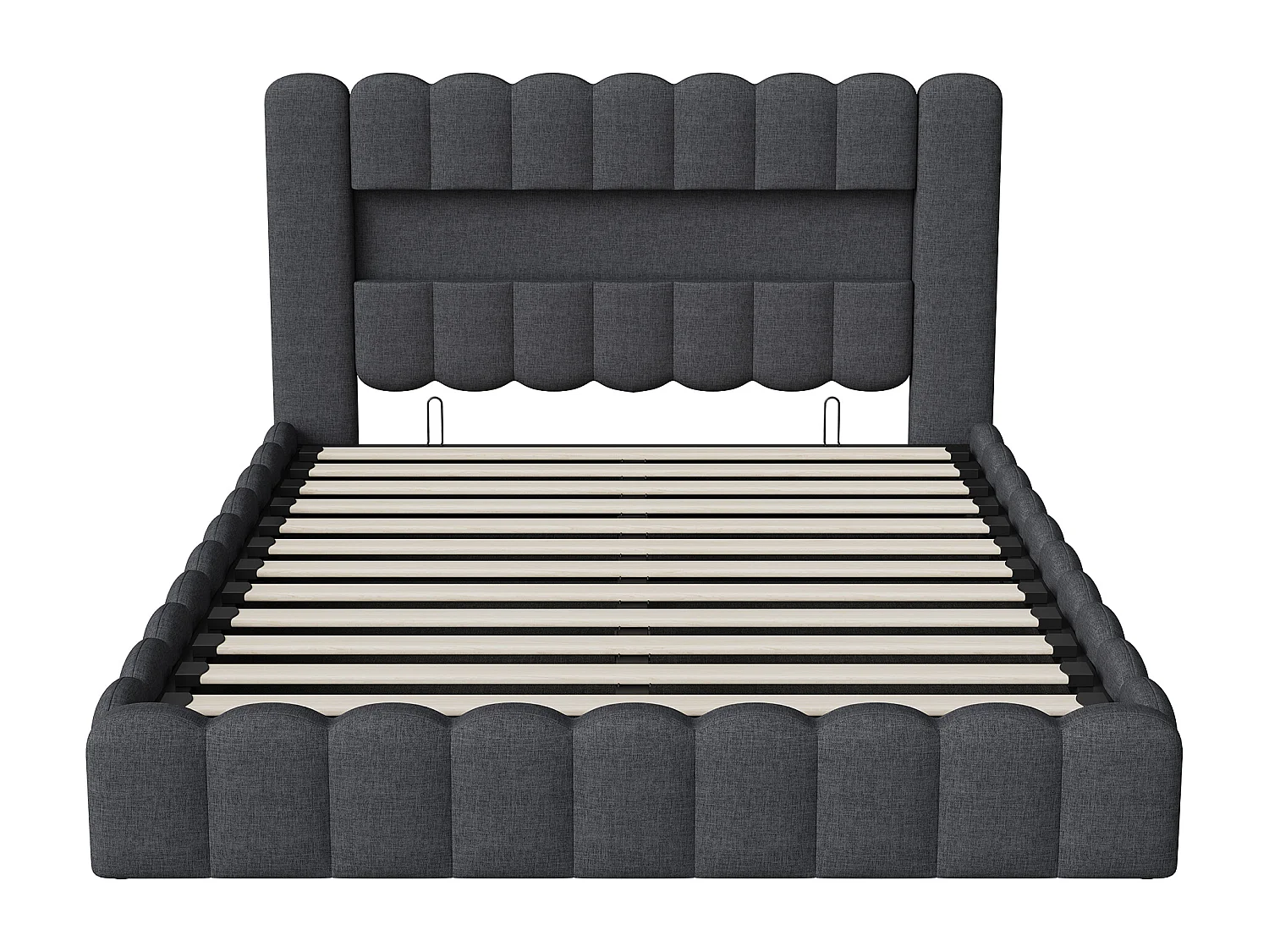 Lit adulte 160x200 cm avec LED et USB, étagères ouvertes et rangement, velours, gris