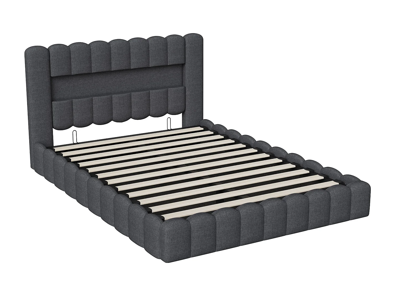 Lit adulte 160x200 cm avec LED et USB, étagères ouvertes et rangement, velours, gris