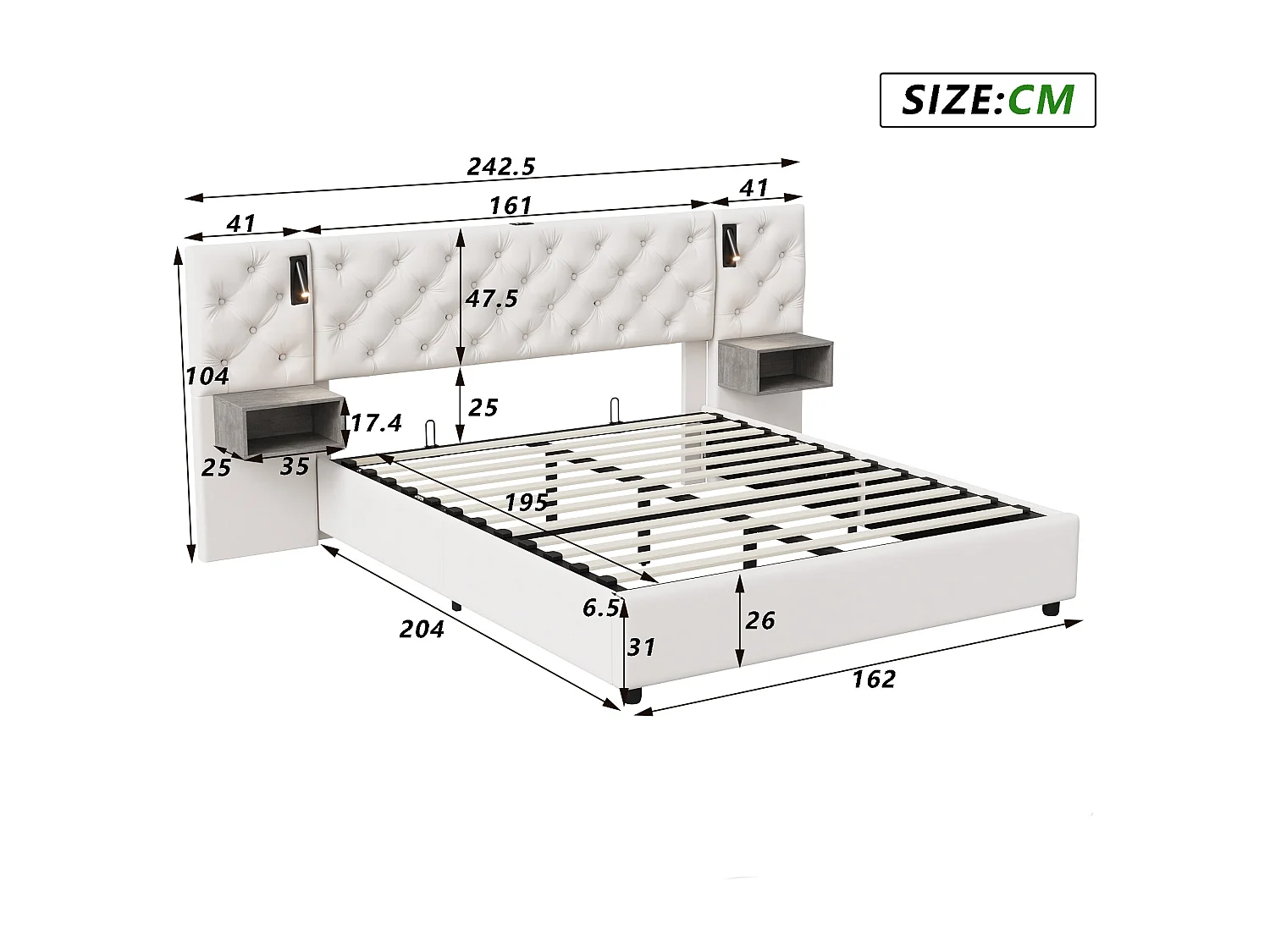 Lit coffre 160x200 cm avec LED intégré, 2 tables de chevet suspendues, Velours, beige