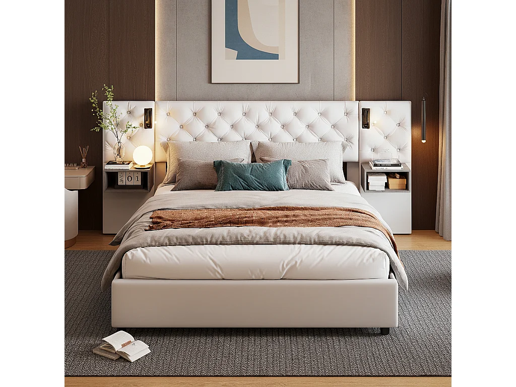 Lit coffre 160x200 cm avec LED intégré, 2 tables de chevet suspendues, Velours, beige