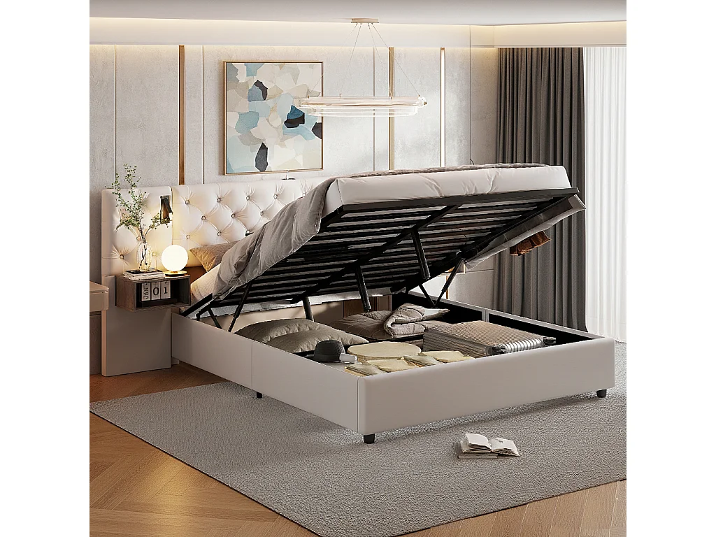 Lit coffre 160x200 cm avec LED intégré, 2 tables de chevet suspendues, Velours, beige