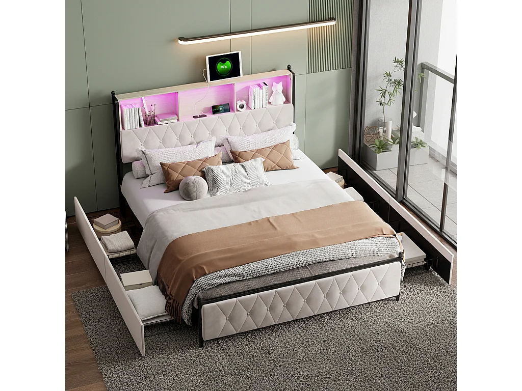 Lit double capitonné 140x200cm,avec 2 USB intégrées, 4 tiroirs, Velours, beige