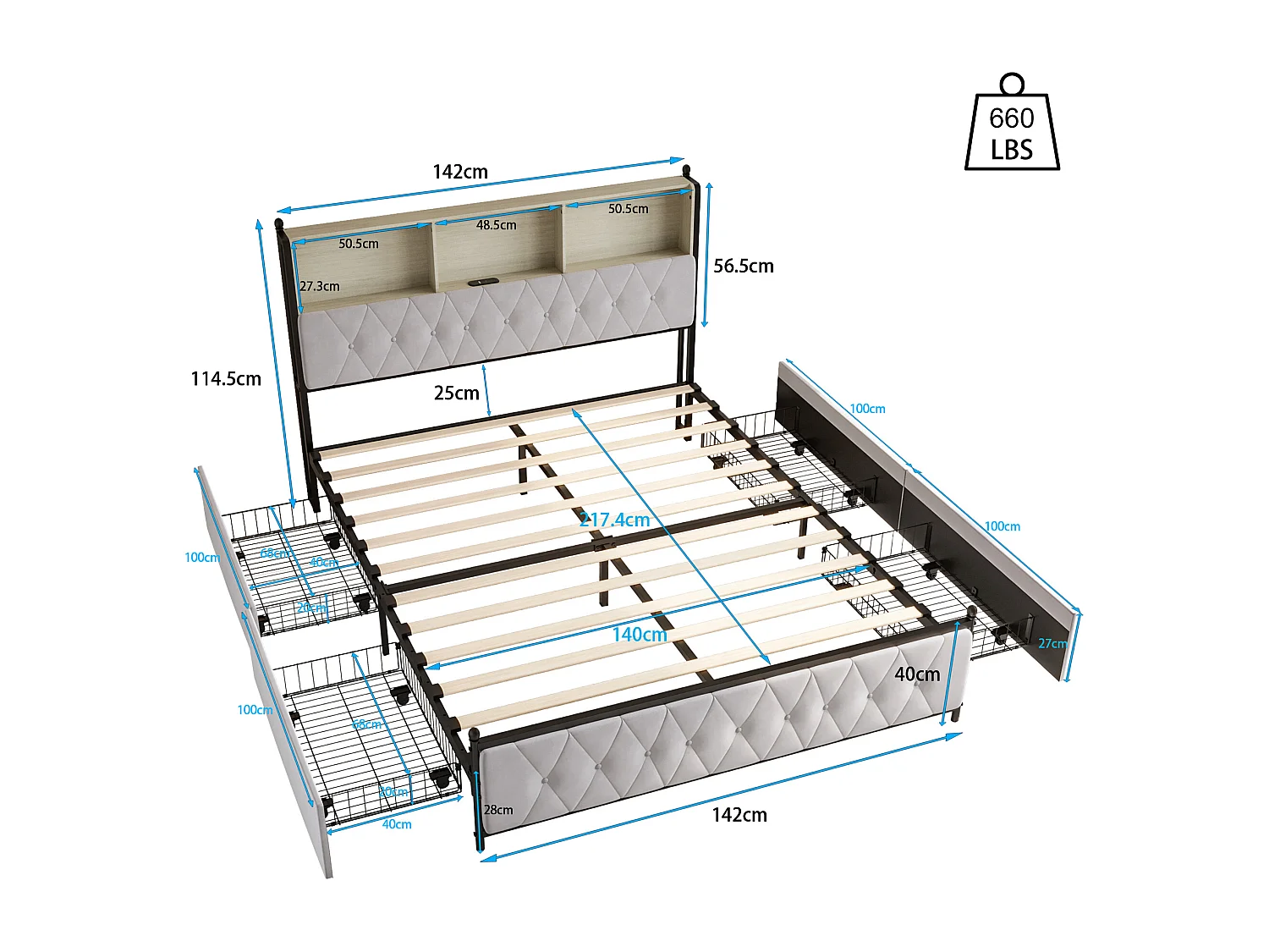 Lit double capitonné 140x200cm,avec 2 USB intégrées, 4 tiroirs, Velours, beige