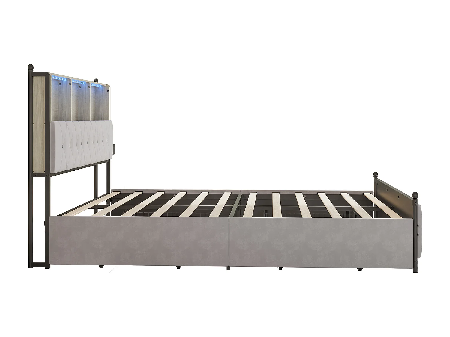 Lit double capitonné 140x200cm,avec 2 USB intégrées, 4 tiroirs, Velours, beige