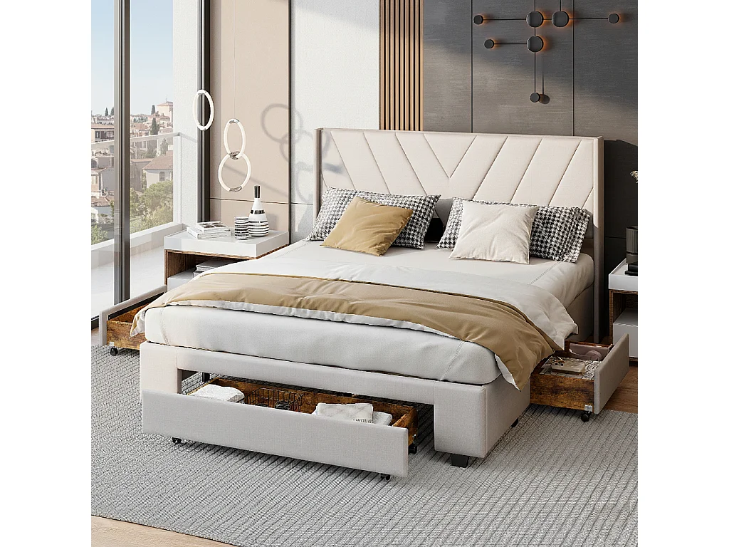 Lit double 160x200 cm avec 3 tiroirs en bois massif, sommier à lattes, lin, beige