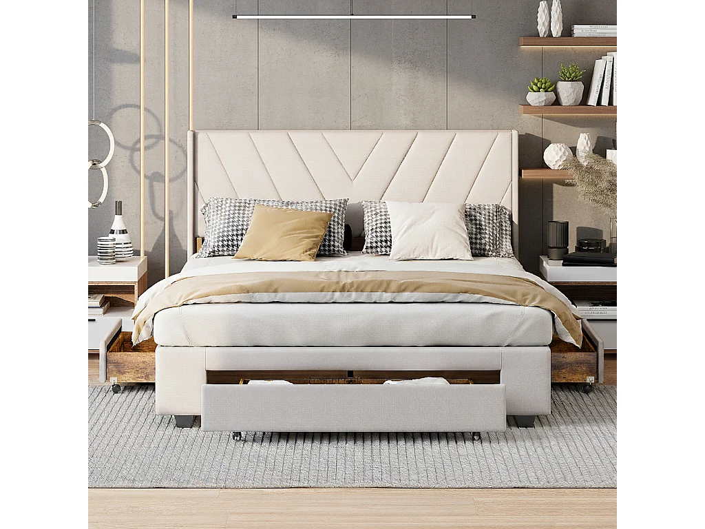 Lit double 160x200 cm avec 3 tiroirs en bois massif, sommier à lattes, lin, beige