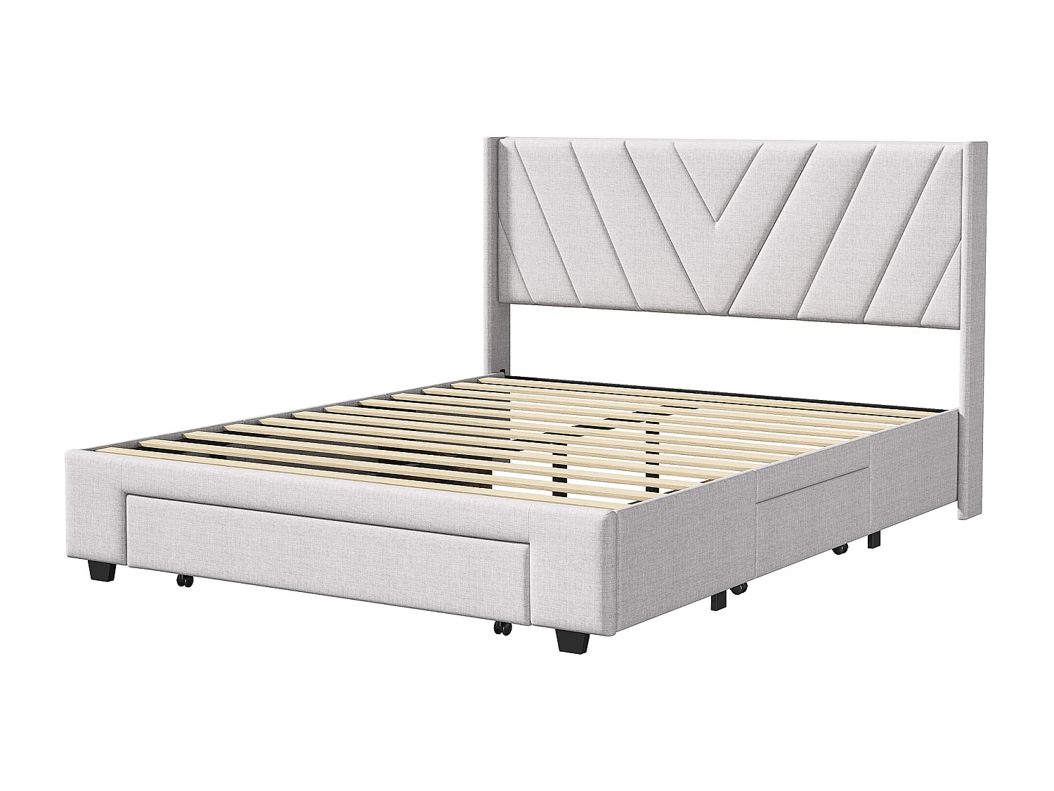 Lit double 140x200 cm avec 3 tiroirs en bois massif, sommier à lattes, lin, beige