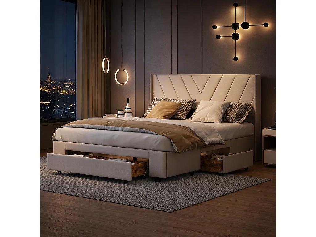 Lit double 140x200 cm avec 3 tiroirs en bois massif, sommier à lattes, lin, beige