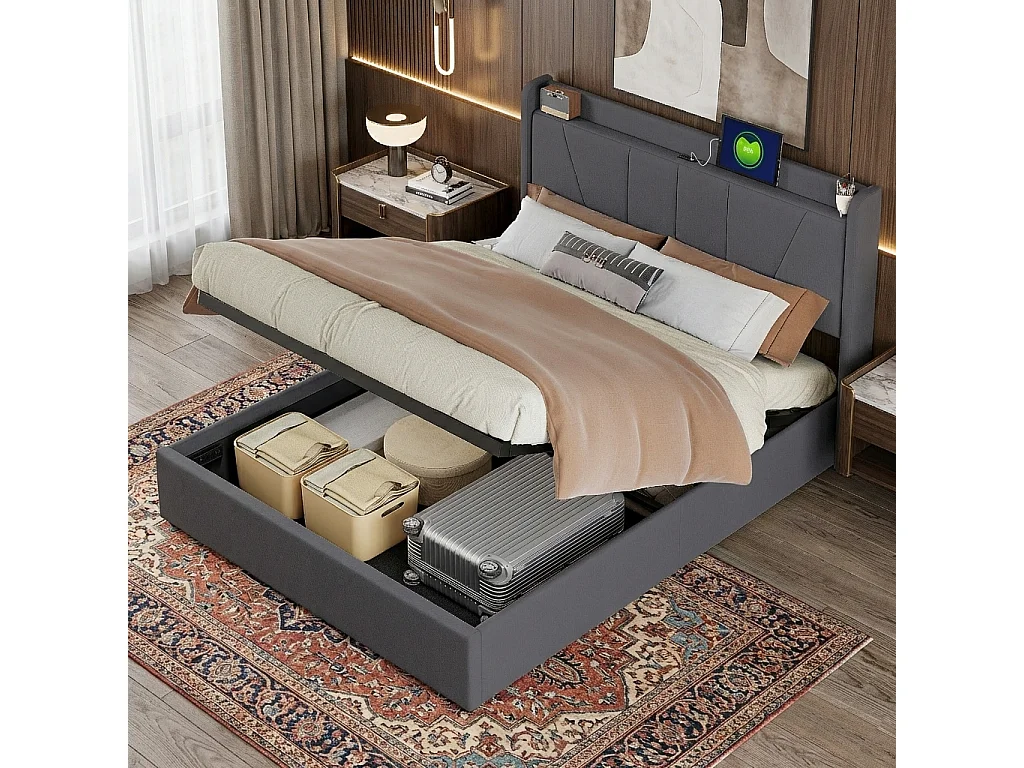 Lit coffre 140x200 cm avec étagère ouvertes et port USB, lin, gris