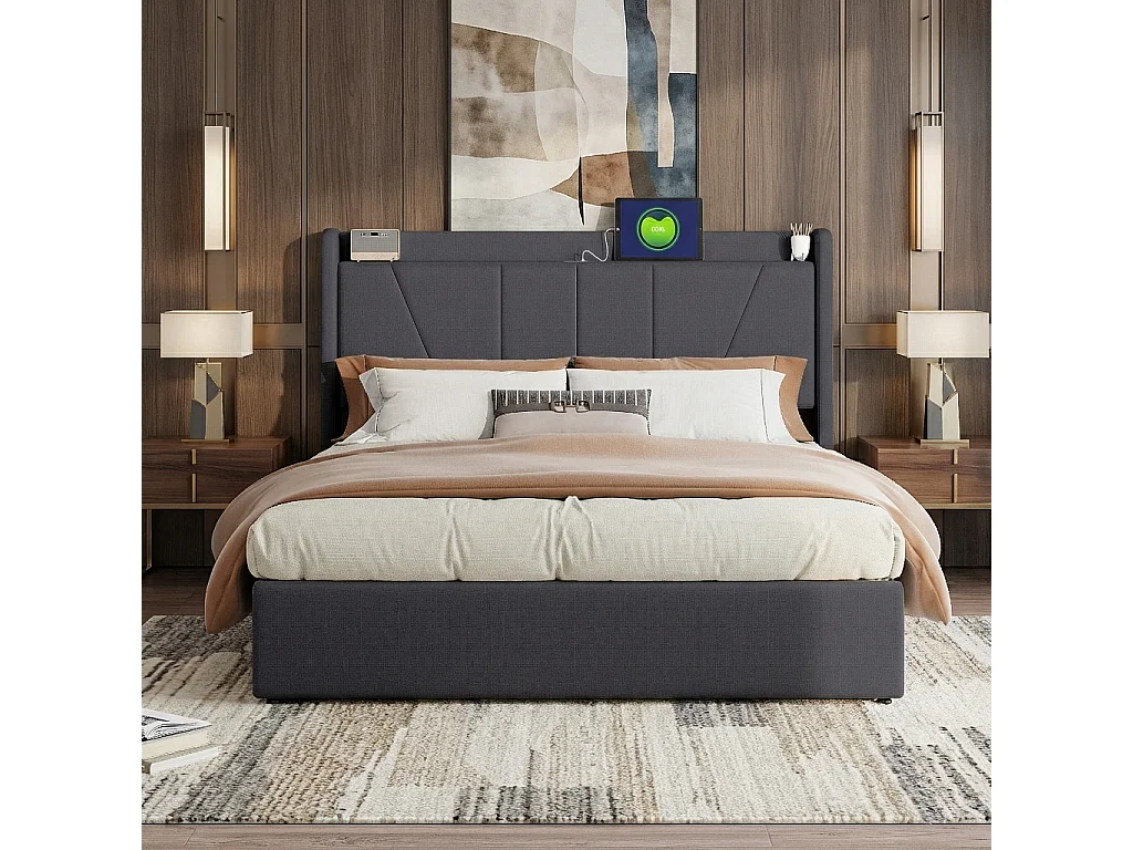 Lit coffre 140x200 cm avec étagère ouvertes et port USB, lin, gris