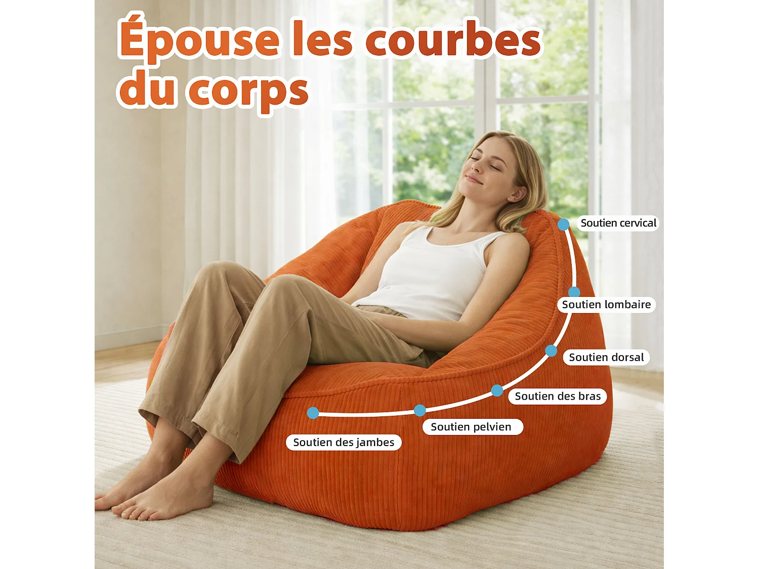 Pouf poire en velours côtelé, effet cocon et base antidérapante pour chambre et salon