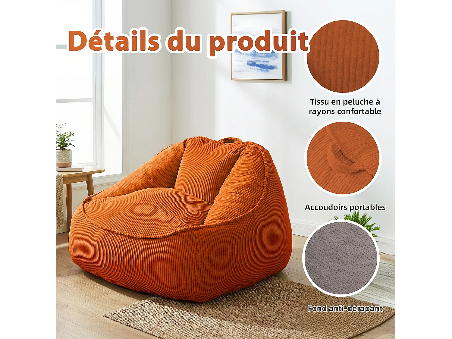 Pouf poire en velours côtelé, effet cocon et base antidérapante pour chambre et salon