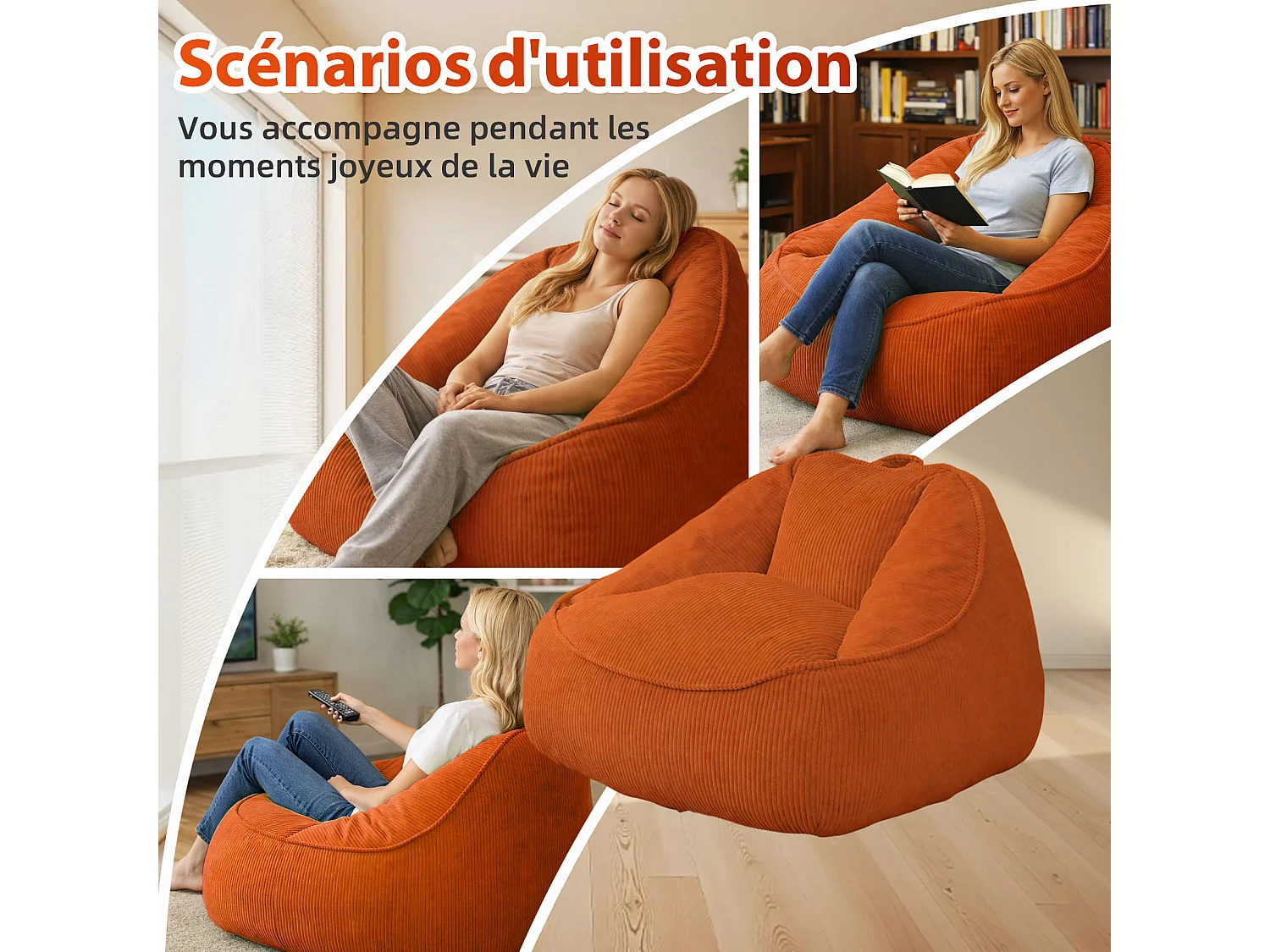 Pouf poire en velours côtelé, effet cocon et base antidérapante pour chambre et salon