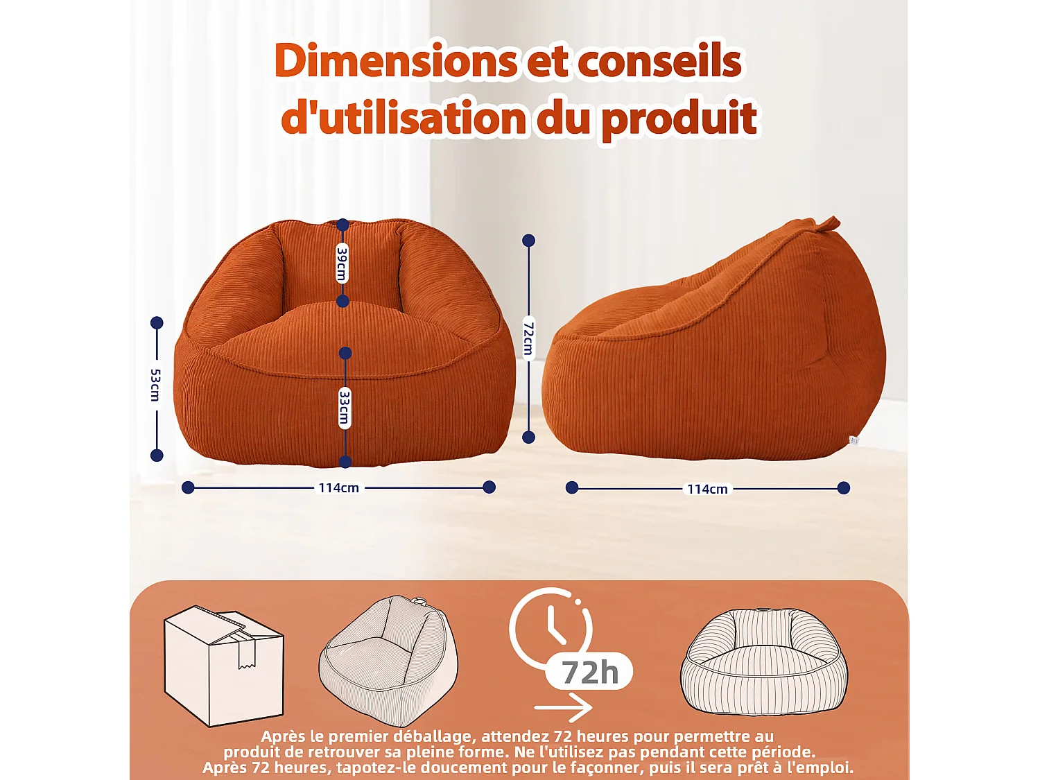 Pouf poire en velours côtelé, effet cocon et base antidérapante pour chambre et salon