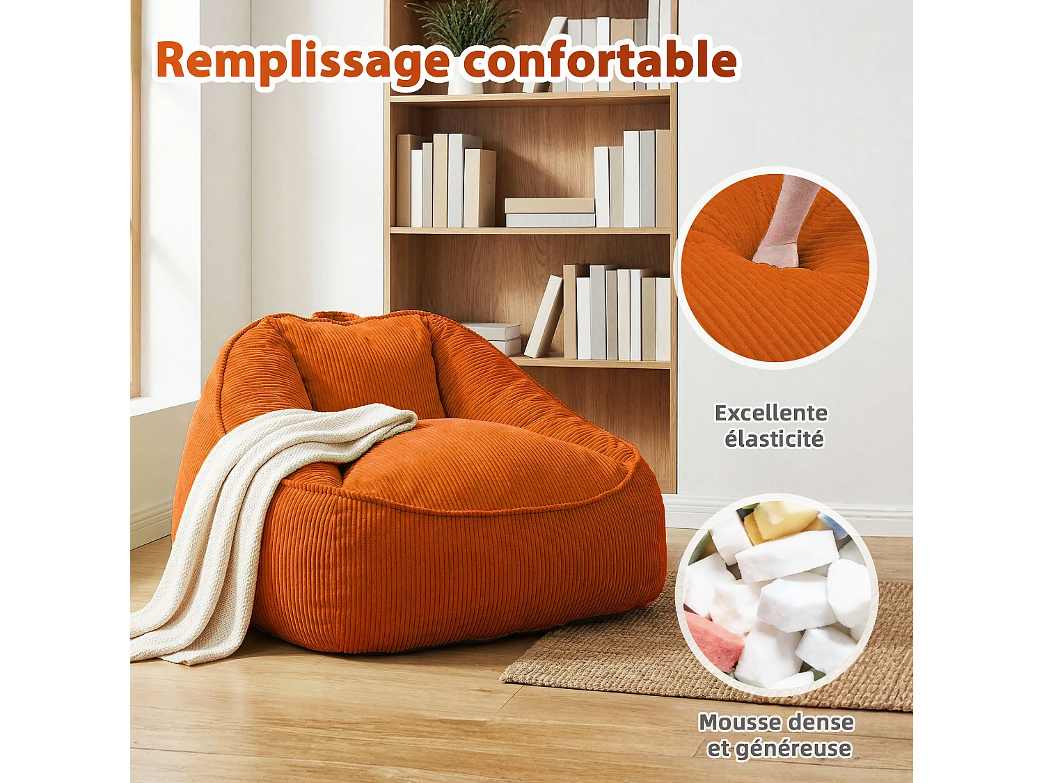 Pouf poire en velours côtelé, effet cocon et base antidérapante pour chambre et salon
