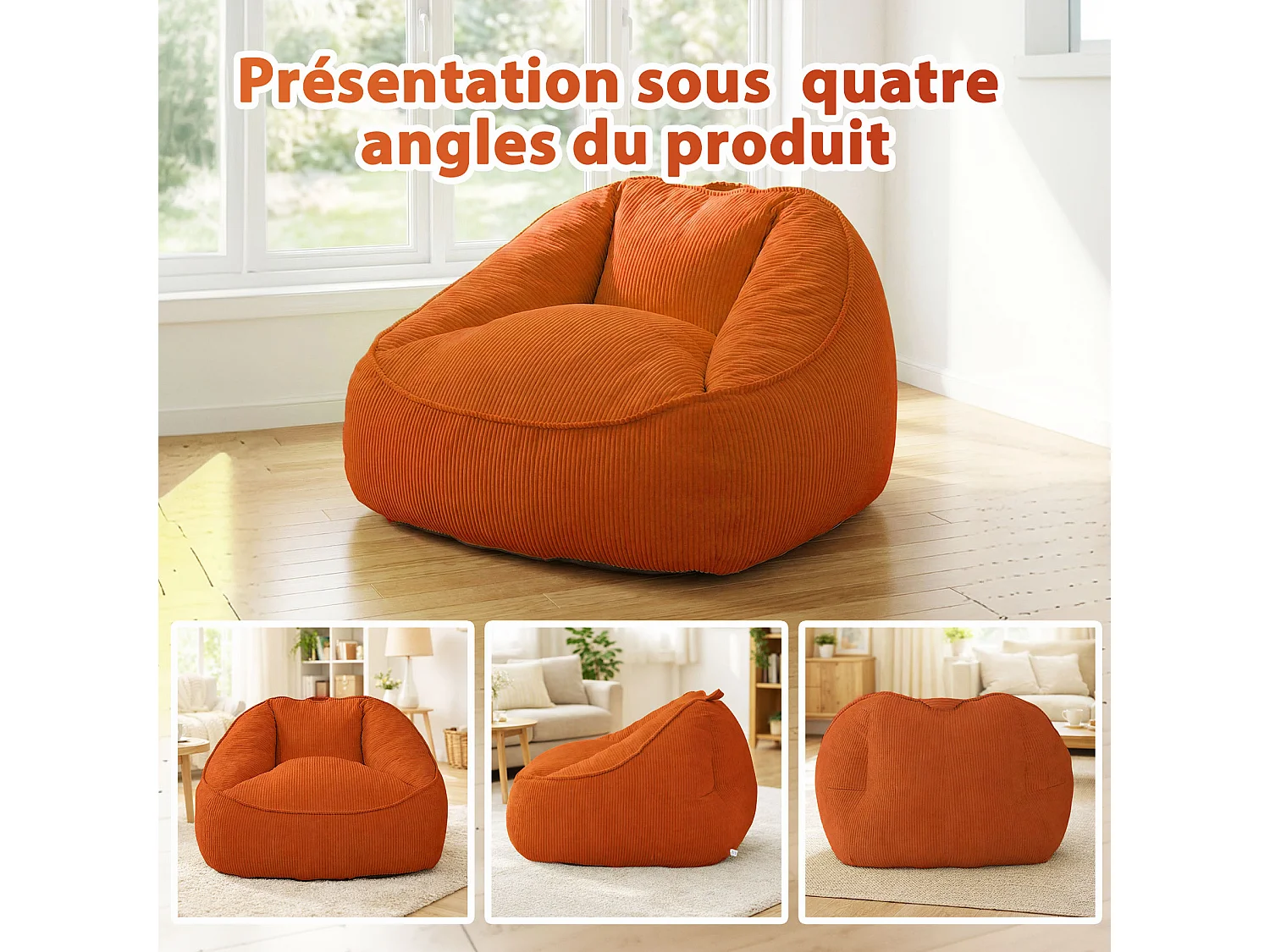 Pouf poire en velours côtelé, effet cocon et base antidérapante pour chambre et salon
