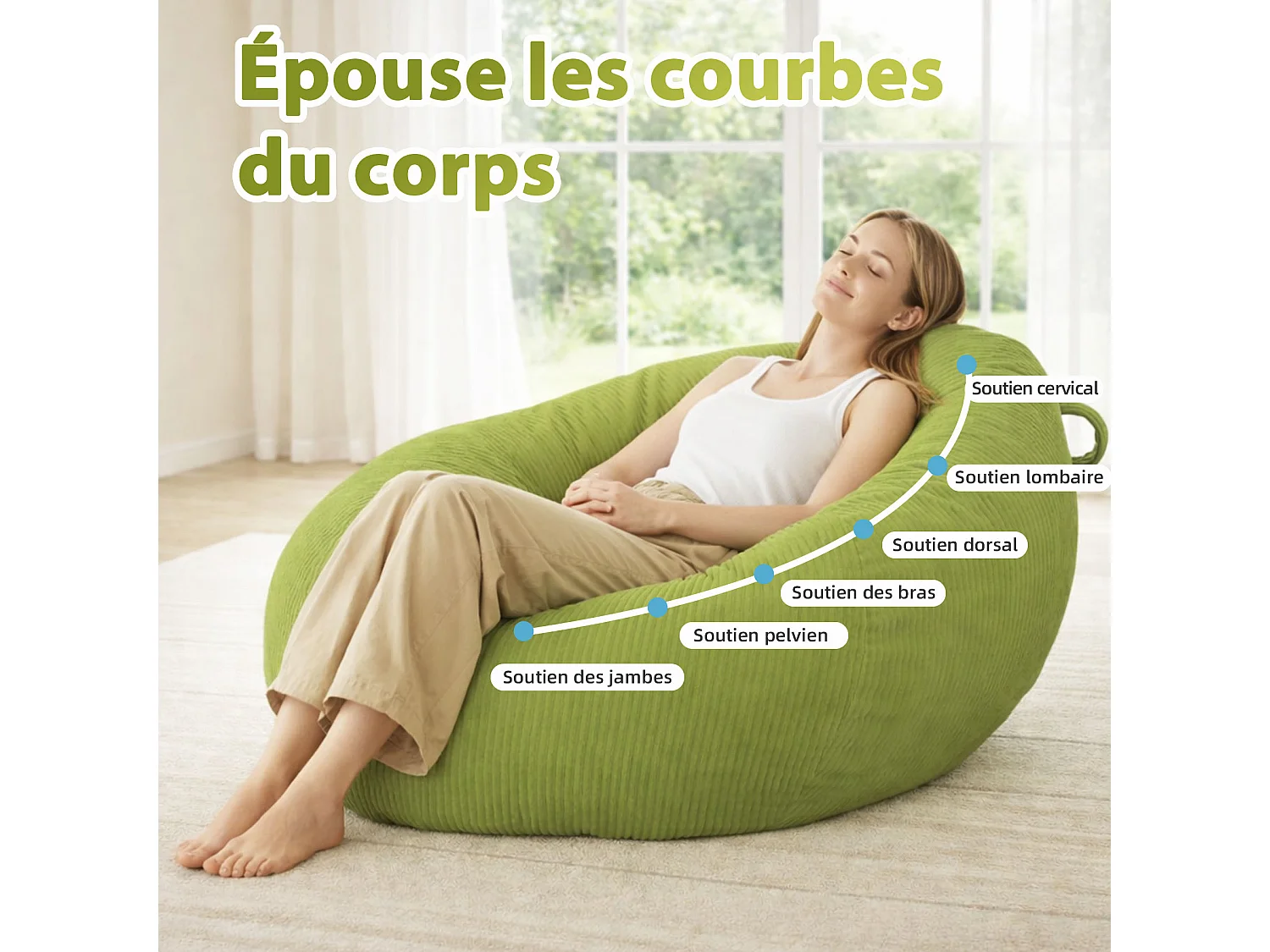 Fauteuil poire rond en velours côtelé, grand siège lounge avec soutien dorsal, assise de sol confortable pour salon, chambre ou coin lecture