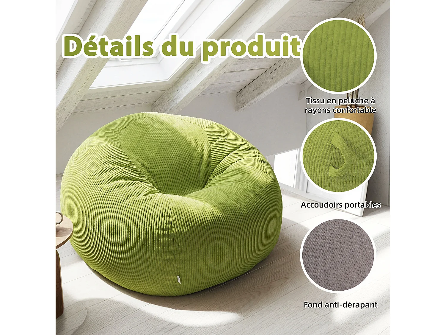 Fauteuil poire rond en velours côtelé, grand siège lounge avec soutien dorsal, assise de sol confortable pour salon, chambre ou coin lecture