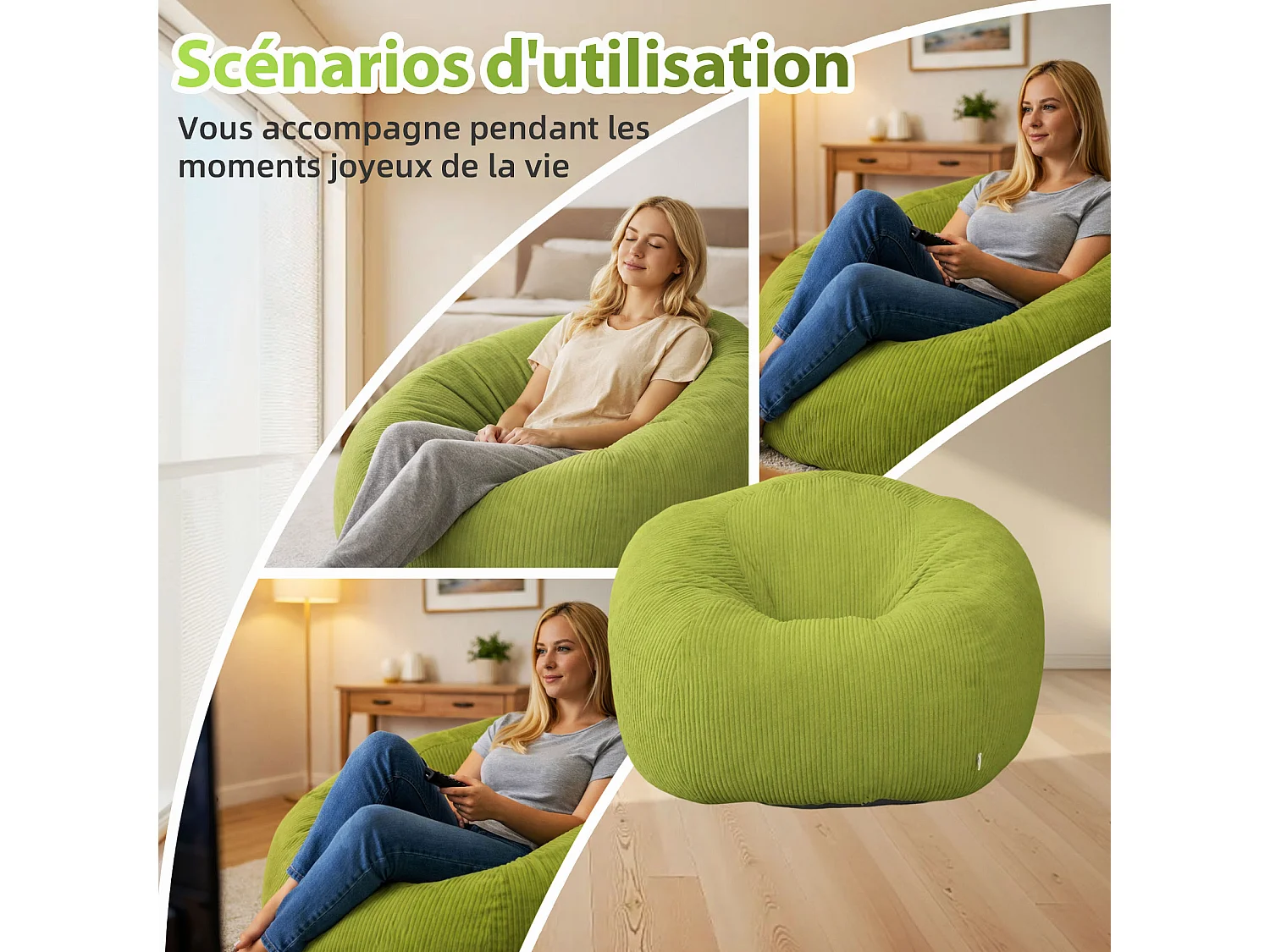 Fauteuil poire rond en velours côtelé, grand siège lounge avec soutien dorsal, assise de sol confortable pour salon, chambre ou coin lecture