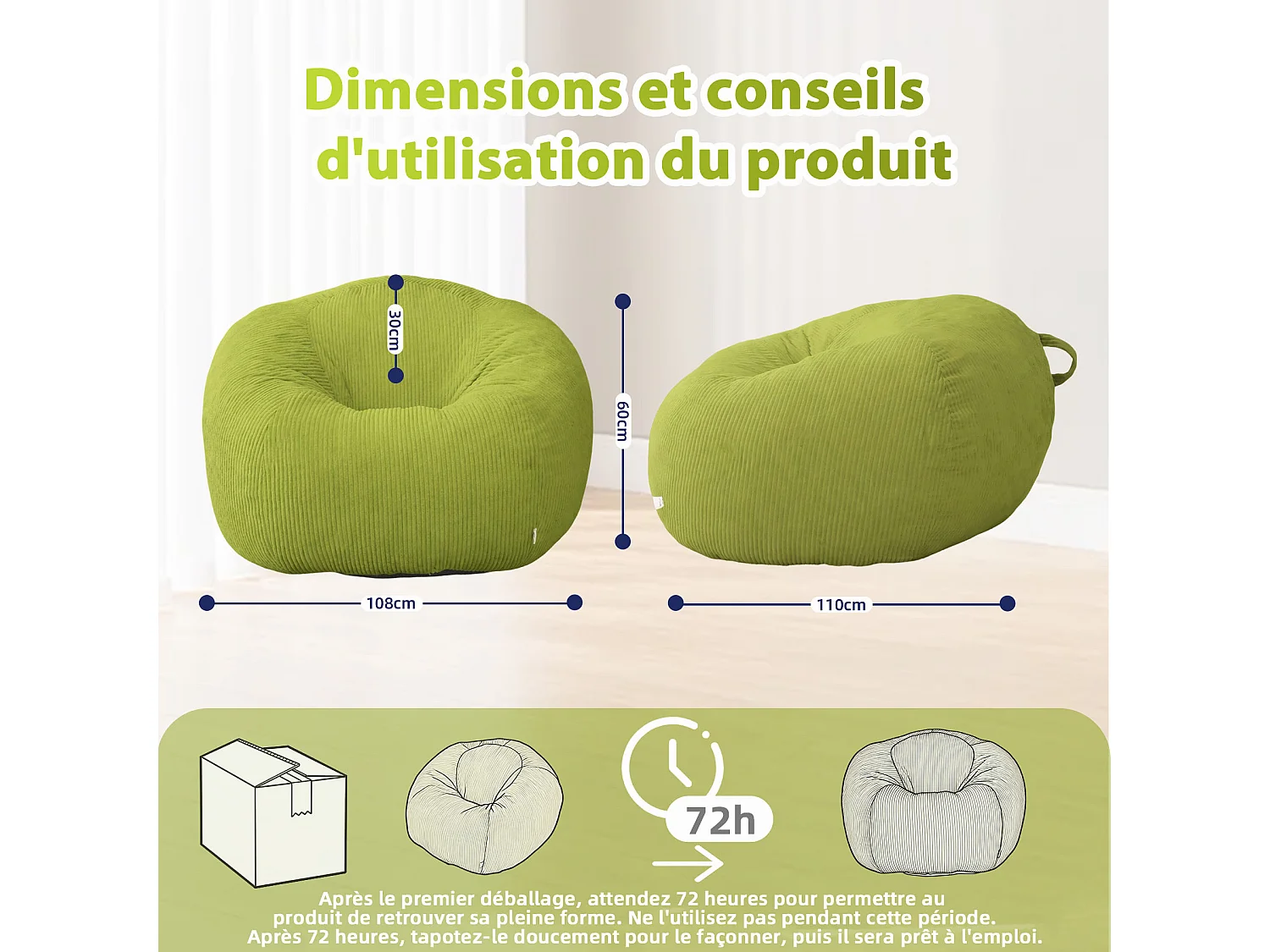 Fauteuil poire rond en velours côtelé, grand siège lounge avec soutien dorsal, assise de sol confortable pour salon, chambre ou coin lecture