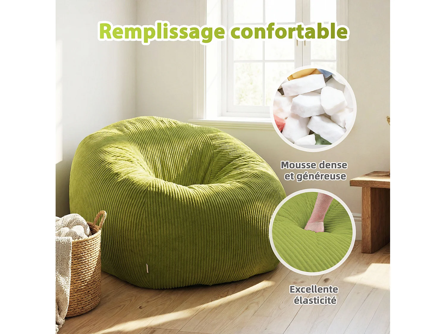 Fauteuil poire rond en velours côtelé, grand siège lounge avec soutien dorsal, assise de sol confortable pour salon, chambre ou coin lecture