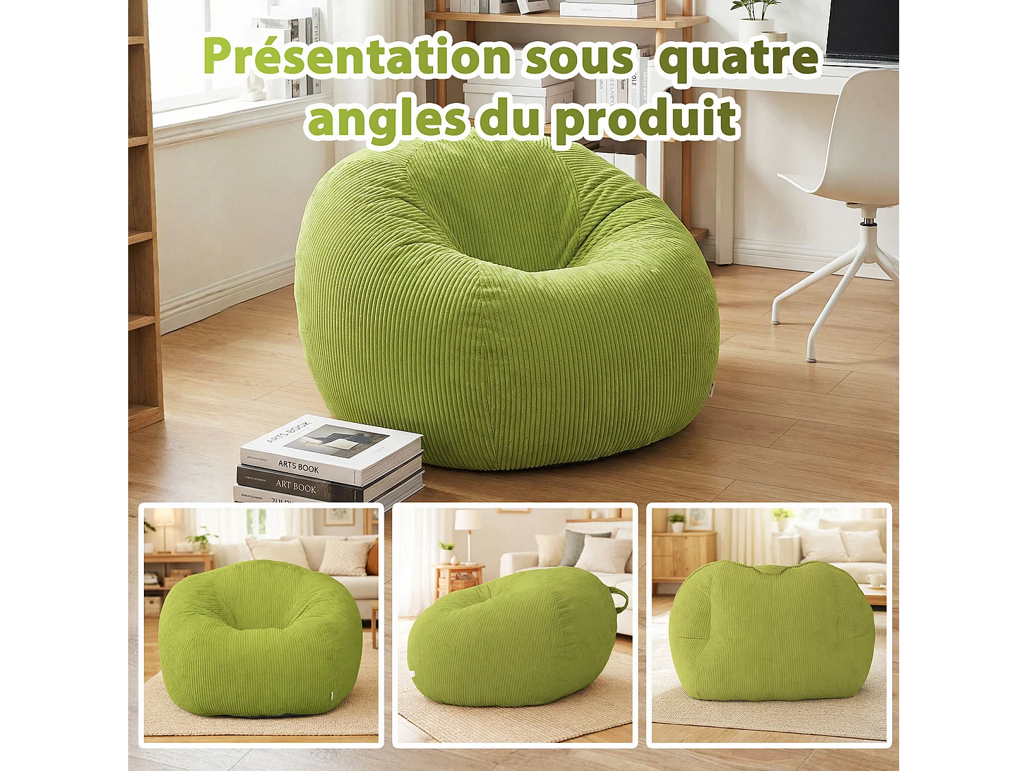 Fauteuil poire rond en velours côtelé, grand siège lounge avec soutien dorsal, assise de sol confortable pour salon, chambre ou coin lecture