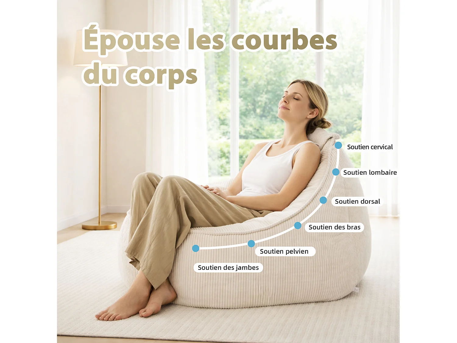 Pouf poire en velours côtelé, effet cocon et base antidérapante pour chambre et salon