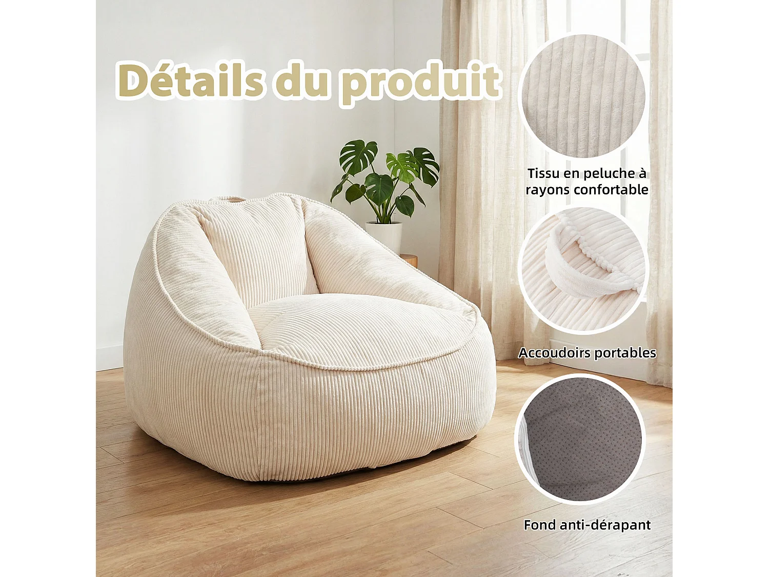 Pouf poire en velours côtelé, effet cocon et base antidérapante pour chambre et salon